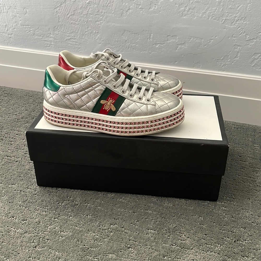 Womens Gucci Ace silver sneakers with pink rhinestones! 36.5